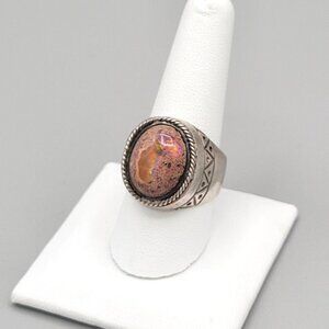 Mexican Cantera Fire Opal Mens Ring Sterling Silver Twisted Rope Border 9 3/4